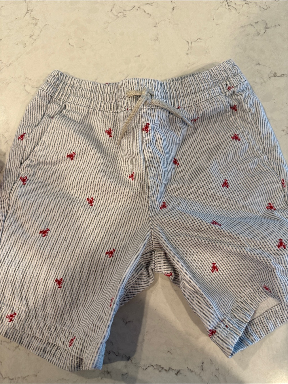 Kids Seersucker Drawstring Shorts with Red lobster